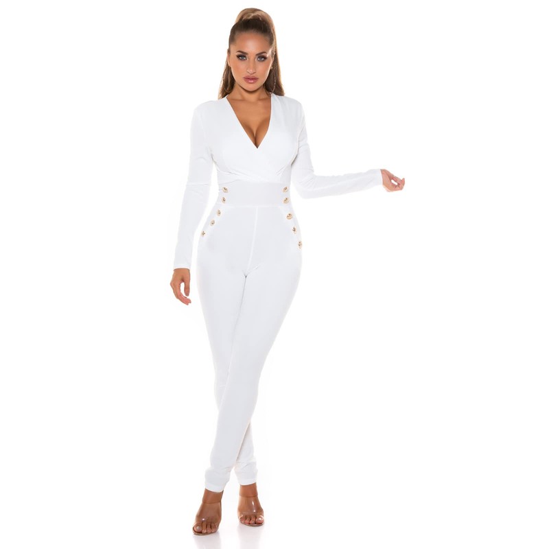 Koucla Women's Jumpsuit Elegant Jumpsuit Trouser Suit V-Neck Decorative Buttons,