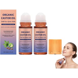Aceite de Ricino Orgánico con Rodillo de Cuarzo Rosa,Aceite de Ricino Prensado En Frío,Aceites Hidratantes para La Cara y La Piel, Reduce Las Líneas Finas, para El Brazo, La Piel,El Cuerpo (2PCS)