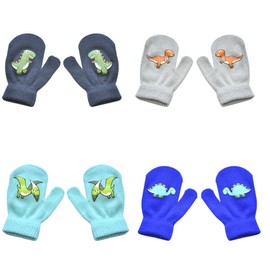 4 Pairs Winter Children's Stretch Gloves, Cute Dinosaur Paws Star Baby Mittens, Baby Unisex Finger Gloves, Warm Knitted Gloves for 1-5 Years