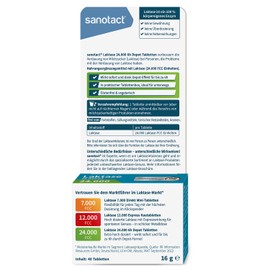 sanotact sanotact Laktase 24.000 6h DEPOT (6 x 40 Laktasetabletten) • Laktose Tabletten mit Depot-Wirkung • Bei Laktoseintoleranz & Milchunverträglichkeit • Sofortwirkung & 6h Langzeit-Depot