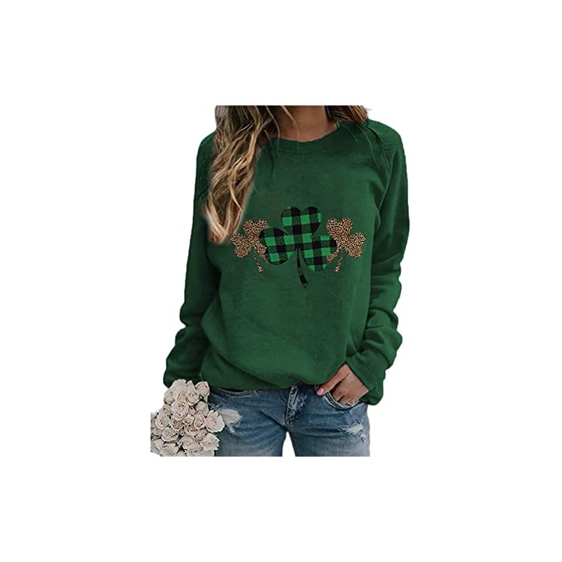 Ykomow St Patricks Day Sweatshirt Women Long Sleeve Leopard Shamrock