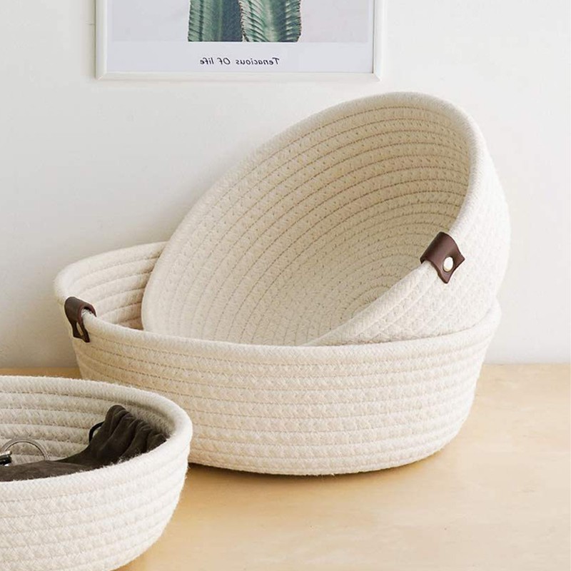 3 Piece Cotton Rope Woven Storage Basket Set Round Cotton