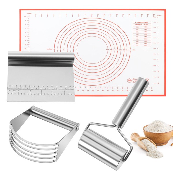 Pastry Mat Dough Blender Set - ISZW 4PCS Dough Pastry Tool, Silicone Baking Mat, Stainless Steel Bench Scraper, Dough Blender and Dough Roller, Professional Baking Dough Tools & Pastry Utensils