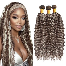 P4/613 Deep Wave Bundles Human Hair Highlight Chocolate Brown and Light Blonde Human Hair Bundles Double Weft Brazilian Human Hair Extensions Silky and Soft for Black Women 12 14 16 Inch