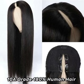 Human Hair Wig V Part Wig Human Hair Wig Straight Wig U Part Human Hair Wig Glueless Human Hair Wigs For Black Women Human Hair Natural Black Color 22 Inch