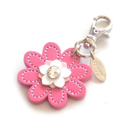 Happy HC-03 Flower Charm, Genuine Cow Leather, Rhinestone, Jewel, 9 Colors, Keychain, Made in Japan, 8. pink