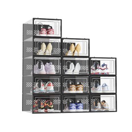 SIMPDIY Shoe Storage, 12 Pack Shoe Organizer for Closet, Shoe Boxes Clear Plastic Stackable Shoe Containers with Lids for Size 10, Black