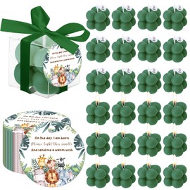 MTLEE 24 Sets Jungle Animal Baby Shower Favors Small Bubble Candle Baby Shower Favors for Guests Tea Candles Bulk with Stylish Ribbons Cards Gifts Party Decoration(Dark Green,Jungle)