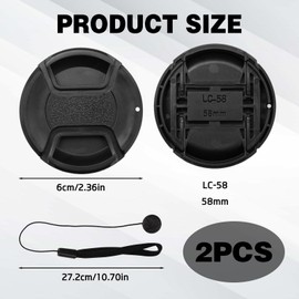 2 Pack 58mm Lens Cap Cover for Canon EOS 4000D 2000D 1300D 1200D 850D 800D 760D 750D 700D 650D 250D 200D 100D 90D 80D 77D 70D EF-S 18-55mm f/3.5-5.6 is II/STM/f/4-5.6 is STM Lens Black
