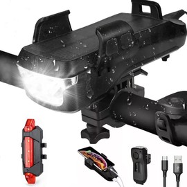 Bike Light, Bike Accessories, Set for Bike Light+ Bike Back Light + Phone Holder + High Decibel Speaker + Charging Cable ， Ipx6 4000mah ，Black