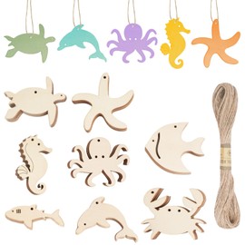 CUWELT 48PCS Sea Animal Wooden Pieces for Crafts, 8CM Animal Wooden Hanging Ornaments with String, Unfinished Wood Hanging Slices for DIY Birthday Christmas Party Decoration