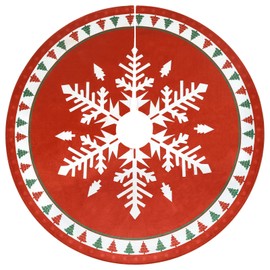 MACTING Christmas Tree Skirt, 36 Inch Round Red Polyester Christmas Tree Skirts with Big Snowflake and Christmas Tree Printed for Holiday Party Rustic Xmas Tree Decoration