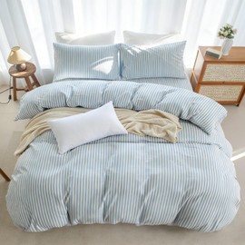 LIFETOWN Striped Duvet Cover Set 100% Washed Cotton Linen Feel Natural Wrinkles Lightweight Comfy (Full, Cornflower Blue White Stripes)