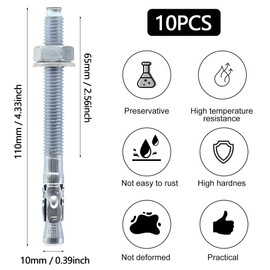 KtbeYTi Pack of 10 Heavy Duty Dowels Galvanised Bolt Anchors M10 x 110 mm Concrete Screws Anchor for Railings, Windows, Curtain Walls etc