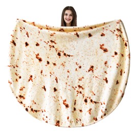 Vessia Burritos Tortilla Throw Blanket (Beige, 71inch), Giant Realistic Funny Food Blanket for Adults and Teenagers, Novelty Double Sided Round Tortilla Wrap Blanket, Flannel Taco Blanket for Couch