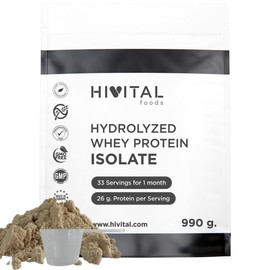 Isolat Whey Protein 990 g für 1 Monat Behandlung. 26 g pro Tag 100% reines und 100% natürliches Molkenproteinisolat. Mit natürlichem Schokoladen-Aroma. Sojafrei. Von Hivital