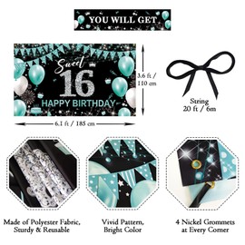 PHXEY Sweet 16 Party Decorations, Fabric Happy 16th Birthday Banner Backdrop, Sweet Sixteen Birthday Decorations for Girls, Turquoise 16 Birthday Yard Sign Photo Booth Props Decor(Teal Blue Silver)