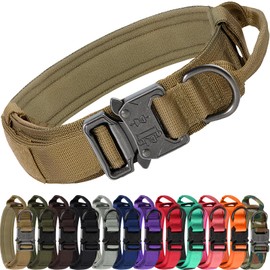 Joytale Tactical Dog Collar with Handle and Metal Buckle, Heavy Duty Padded Military Collar with 2 Patches for Training, Adjustable for Large Dogs, Khaki, L