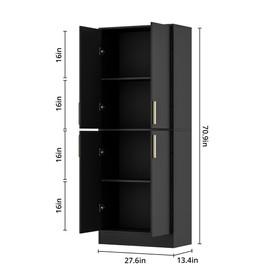 Housoul 71" Tall Pantry Cabinet, 4 Doors Kitchen Pantry Storage Cabinet, Freestanding Larder Cupboard, Kitchen Hutch Cabinet, Utility Pantry with Gold Handles for Kitchen, Dining Room, Bathroom, Black