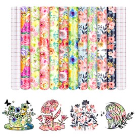 HTVSTD Watercolor Flower Permanent Vinyl - 10 Sheets 12 x 10inches Flower Permanent Adhesive Vinyl for Mugs Decors Self Adhesive Vinyl Compatible with Cricut/Silhoutte Cameo