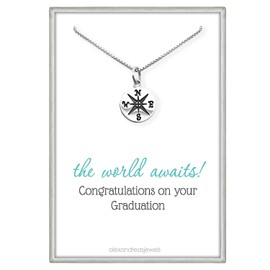 Tiny and Dainty Sterling Silver Compass Necklace for Women, Graduation Gift Necklace for Daughter Niece or Granddaughter, High School Graduation Gift (16 inches plus 2-inch extender)