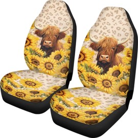 Pointodoor Sunflower Highland Cow Cattle Sunflower Print 2 Piece Car Seat Covers Front Seats Only Cute Car Accessories for Women Universal Bucket Seat Protector for Trucks SUV Vans