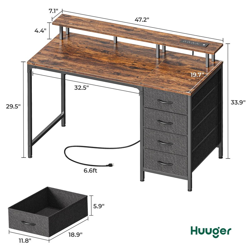Huuger 47 Inch Computer Desk with Power Outlets and LED