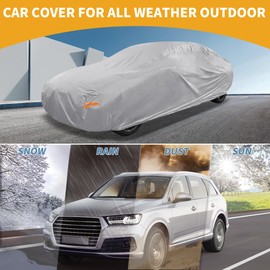 Partuto Waterproof All-Weather Universal Car Cover with Right Side Zipper & Mirror Pocket, 190T-PU Silver Tone Fits for Sedan Up to 165" Length