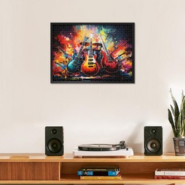 Puzzles for Adults, 1000 Pieces, Musical Instruments on Abstract Colourful Grunge, 1000 Pieces, Puzzle, Acoustic Guitar and Electric Guitar Puzzle, Impossible, 50 x 70 cm