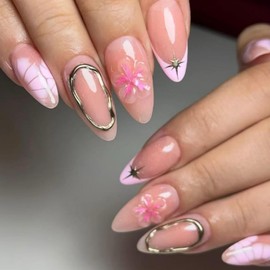 24Pcs Flower Press on Nails Short Almond Fake Nails 3D Floral with Gold Star Full Cover Spring Summer Nails Glue on Nails Pink French Tip False Nails Stick on Nails for Women Girls Acrylic Nails