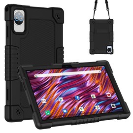 JBuwsdan Compatible with for ZONKO Model D106 10 inch VOZIZOV D106 Tablet 2024 Case Silicone Hard Back Hybrid Cover & Kickstand Shoulder Strap for ZONKO D106/MOONSTARS D106B Tablet (Black)