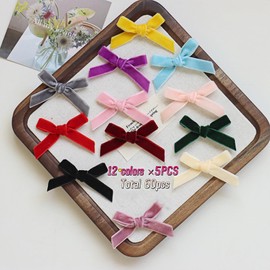 60pcs Mini Velvet Bows Ribbon Bows 2" Pre-Tied Premade Bows with Sticky Gel Pads Gift Bows for Christmas Tree Wedding Decor Party Making Hair Clips Wrapping (12colors-60pcs)