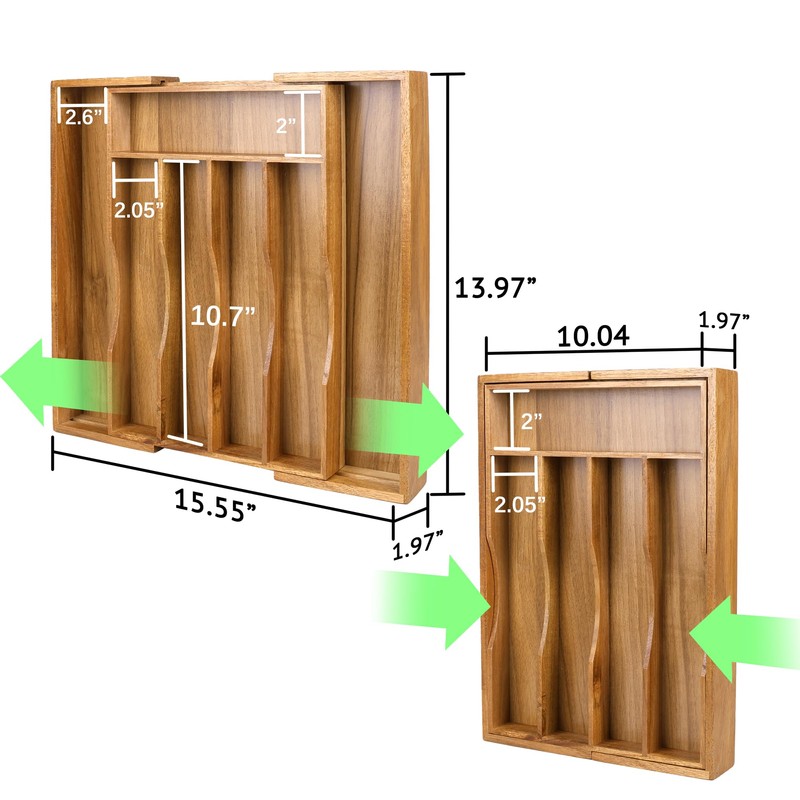 oridom Expandable Acacia Kitchen Drawer Organizer for Cutlery and Utensils,