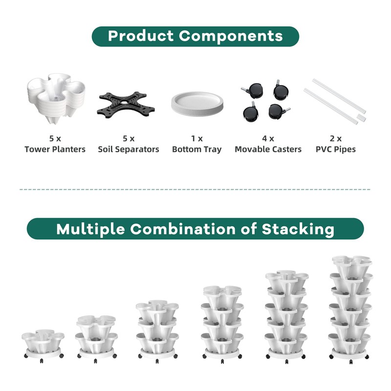 Tectsia Strawberry Vertical Planters, 5 Tiered Stacking Tower Garden with