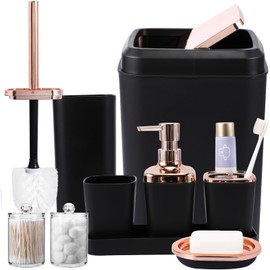 XLHOMO Black Bathroom Accessories, 9-Piece Black Bathroom Set with Trash Can, Vanity Tray, Soap Dispenser, Soap Dish, Toothbrush Holder, Toothbrush Cup, Toilet Brush and Qtip Holders