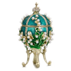 Hand Painted Enamel Pearl Flower Faberge Egg Trinket Box, Unique Hinged Floral Jewelry Box Organizer, Vintage Bejeweled Storage, Figurine Collectible Keepsake Home Decor (Green)