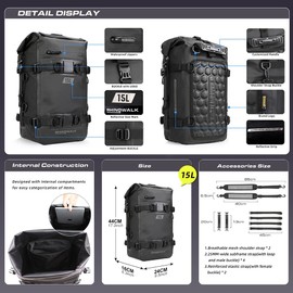 Rhinowalk Motorcycle Tail Bag Motorbike Side Bag 15L Full Waterproof Motor Saddle Pannier Bag Rear Rack Trunk Professional Motor Accessories-Black