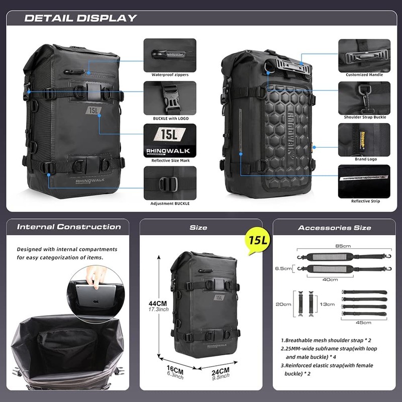 Rhinowalk Motorcycle Tail Bag Motorbike Side Bag 15L Full Waterproof