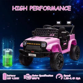 GarveeLife 12V Kids Ride On Truck Electric Vehicle Battery Powered Car Toddles Ride On Toy for Boys Girls with Remote Control, 4-Wheel Suspension, Battery Display, LED Lights, Music, Pink