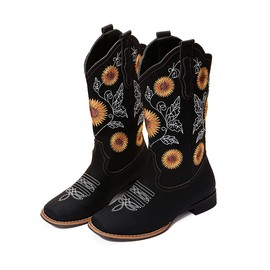 gloryinterest Cowboy Boots for Women Mid Calf Cowgirl Western Boots Sunflower Embroidery Stitched Square Toe Low Heel Black Brown Yellow US6-10.5, black, 39