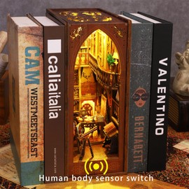 ROCOXIA DIY Book Nook Kit, Booknook Shelf Insert Book Nook DIY Miniatures Kit Light Up Bookends Book Nooks DIY Dollhouse Bookshelf Insert Kit for Adults (Library of Books with Music Box)