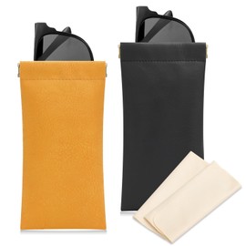Sightor Sunglass Case, 2 Pcs Travel Soft Eyeglass Cases for Women Portable Squeeze Top Leather Glasses Pouch (Black, Orange)