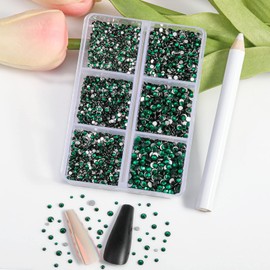Beadsland 7200pcs Flatback Rhinestones, Clear Rhinestones, Nail Gemstones, Round Crystal Rhinestones for Crafts, Mixed 6 Sizes with Wax Crayon Kit, SS3-SS10, Emerald Green