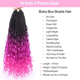 Unionbeauty 8PCS Boho Box Braids with Curly Ends Butterfly Bohemian Hippie Braids Crochet Hair 14Inch Goddess Box Braids Pre-looped Ombre Purple Synthetic Braiding Hair Extension for Black Woman 3/3#