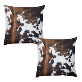LOMADIA Cow Print Pillow Case Sets,Ployester Sofa Throw Pillow Cover Set of 2,Brown White Cowhide Animal Fur Western Rustic Farmhouse Style Square Couch Pillow Protector Cushion 18"x18"