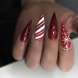 Vokupoga Christmas Red Glitter False Nails - Medium Almond Shape with Snowflake Designs, 24pcs