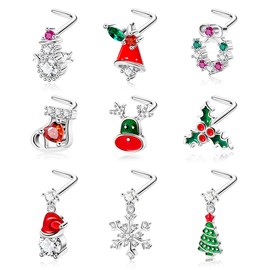 Vegolita 20G 9PCS 316L Stainless Steel Christmas Nose Stud for Women Men Christmas Elements Nose Studs Christmas Tree Snowflake Socks Nose Piercing Stud Sliver