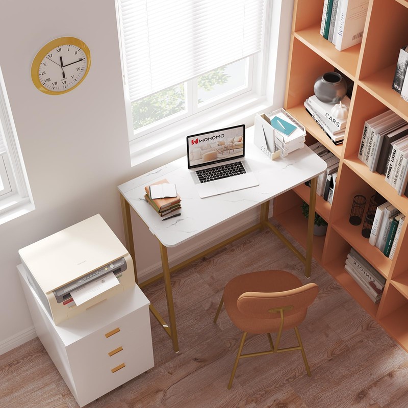 WOHOMO White Faux Marble Folding Desk, 31.5" Small Desk for