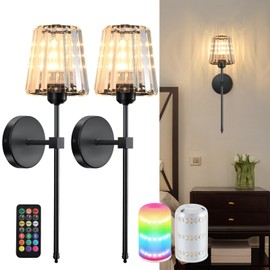 Battery Operated Crystal Wall Sconces Set of 2, Black Wireless Wall Sconce with USB Rechargeable LED Light Bulbs 12 Colors Dimmable Crystal Wall Lamp with Remote for Bedroom Living Room Bulbs Included