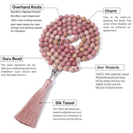 BALIBALI 108 Mala Beads Necklace Semi-Precious Gem Stones Meditation Necklace 108 Hand Knotted Japa Mala Beaded Tassel Necklace with Tree of Life Pendant, Stone